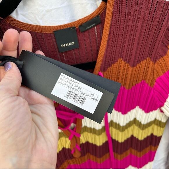 NWT Pinko Chevron Zig Zag Strip Midi Dress Pink Size Small - Picture 2 of 7